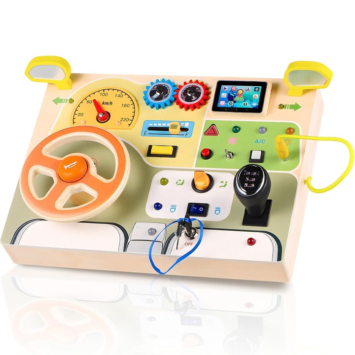 Jucarie Educativa Montessori pentru Copii - Tableta din Lemn cu Circuit Luminos - Contine Comutatoare si LED-uri Multicolore - Simulator de Condus cu Volan si Schimbator de Viteze - 3 Ani+