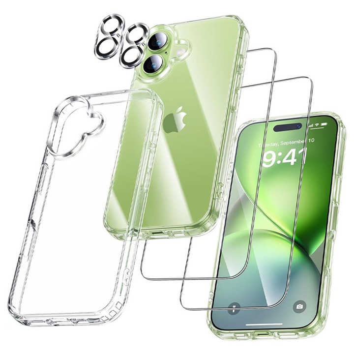 Tok szett, iPhone 17-hez, Rqiurpn, 1 telefontok, 2 képernyővédő, 2 kameravédő, átlátszó