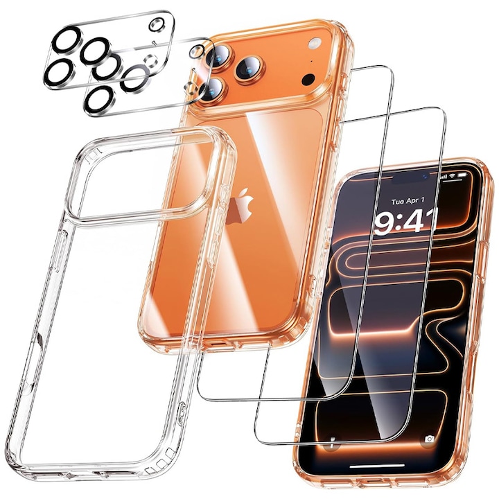 Калъф за iPhone 17 Pro, Rqiurpn, 5 в 1 с пълна защита, 1 калъф за мобилен телефон, 2 защитни фолиа за екран и 2 защитни фолиа за камера, прозрачен