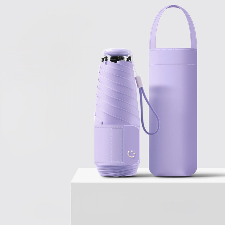 Мини сгъваем чадър с калъф, преносим 220 г, ергономична дръжка с връзка, двойна рамка от фибростъкло против ръжда, черен анти-UV UPF50+ слой, защита от дъжд и слънце, водоустойчив лотос ефект, Лилав