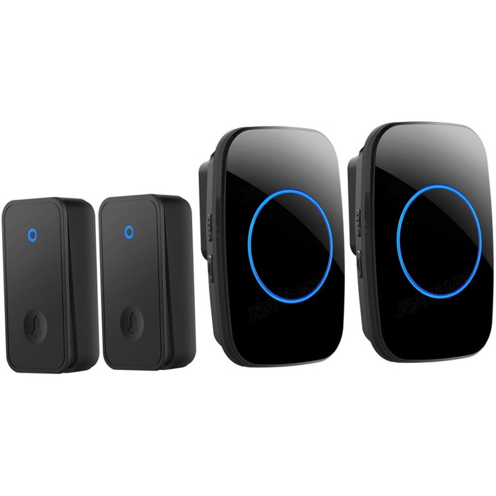 Автоматичен електрически звънец, комплект от 2 звънеца и 2 приемника, 60 мелодии, регулируема сила на звука 110dB, водоустойчив IP44, черен