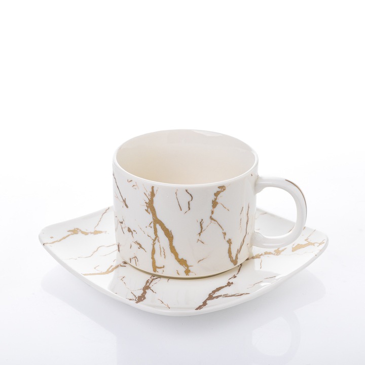 Set 6 Cesti Cafea Portelan 150 ml, marble auriu, 8x5.7cm, cu Farfurioara Patrata 12.5x12.5cm