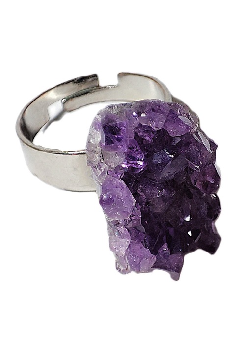 Inel reglabil cu ametist cristal natural calitatea 1, metal, violet, 5.5 cm