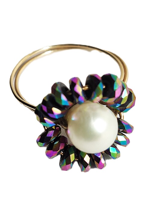 Inel cu perla si sateliti de hematite, metal, Multicolor, 5.5 cm