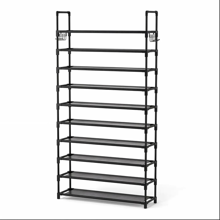 Elindor Cipőrendező, 10 Nagyméretű polccal és 10 Fém akasztóval, Fúrásmentes, Fém papucstartó, Előszobába, Hálószobába, Helytakarékos cipőtároló, 25 × 86 × 173 cm, Fekete
