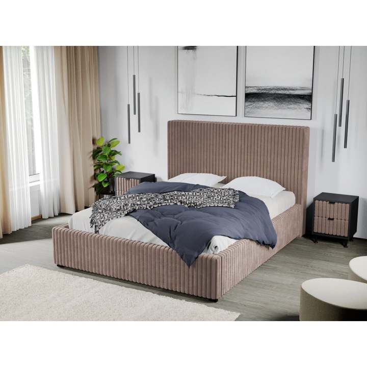 Pat Tapitat Reno, Somiera fixa, 140x200, Culoare Bej/Tilia 17