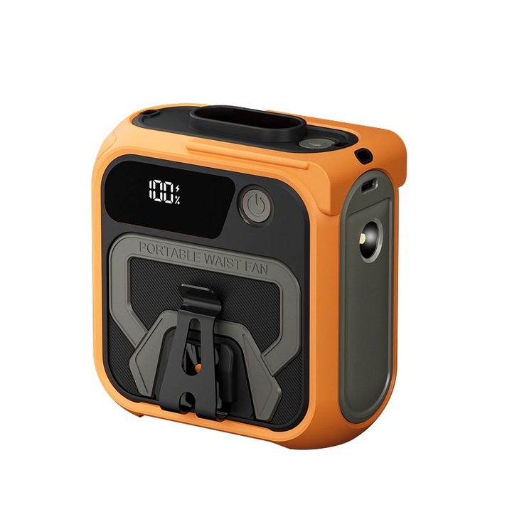 Hordozható ventilátor, LED digitális kijelző, 5 sebességfokozat, éjszakai fény, gyors hűtés, 10000mAh, USB-n tölthető, ütésálló, ergonomikus kialakítás, 90x52x96mm, narancssárga