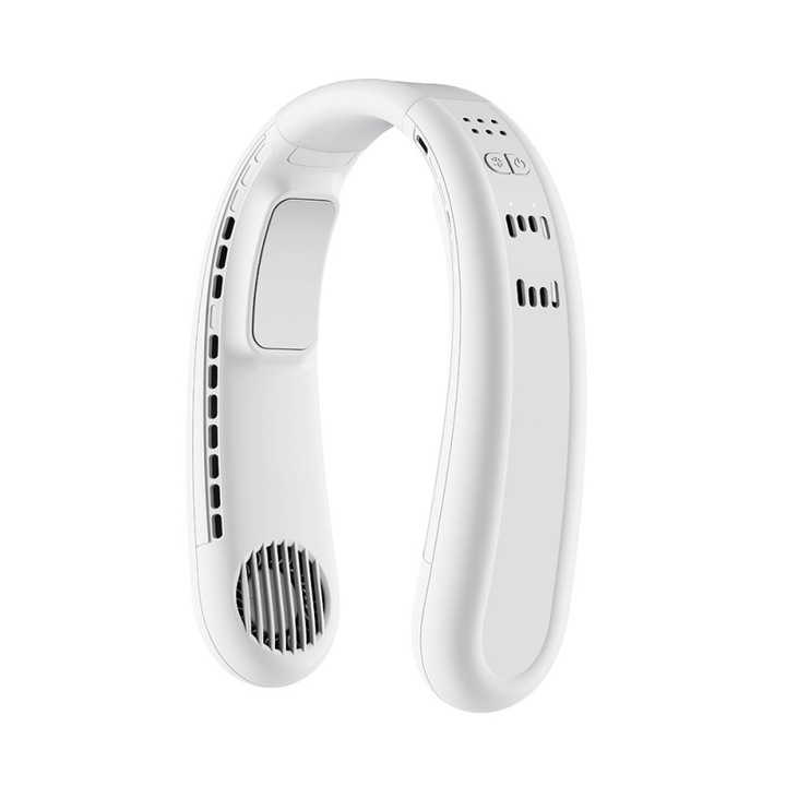 Hordozható nyakventilátor, 3 sebességes szélsebesség-szabályozás, félvezető hűtés, 4000mAh, USB töltés, kényelmes viselet, ergonomikus kialakítás, 215,8x172,5x58mm, fehér