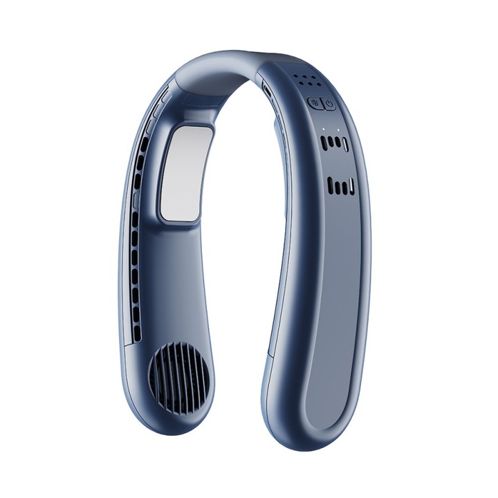 Hordozható ventilátor, 3 sebességes szélsebesség-szabályozás, félvezető hűtés, 4000mAh, USB töltés, kényelmes viselet, ergonomikus, 215, 8x172, 5x58mm, kék