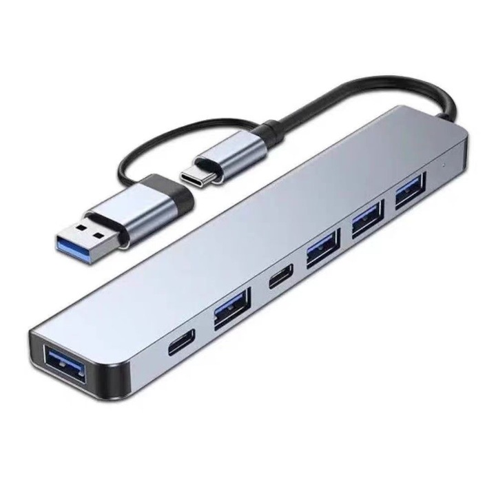 Хъб USB Type-C 7-в-1, 1 порт USB 3.0, 4 порта USB 2.0 и 2 порта USB-C, адаптер с бърз трансфер на данни за MacBook, лаптоп, Chromebook, PC – компактен и преносим