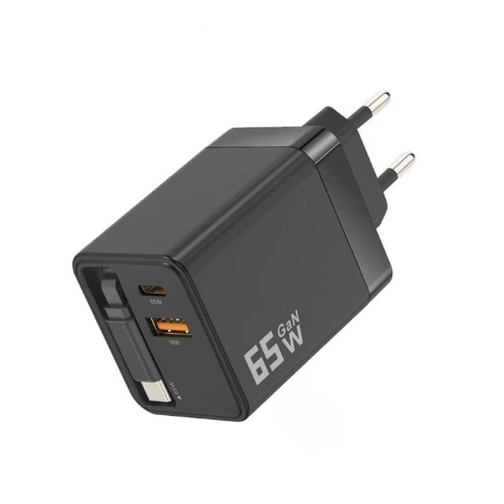 65W GaN töltő, 3 portos (2x USB-A + 1x C-típus), többeszközös gyorstöltő, gyorstöltés 22.5W + 22.5W + 20W, kompakt és hordozható, univerzális adapter telefonhoz, fejhallgatóhoz, power bankhoz – fekete