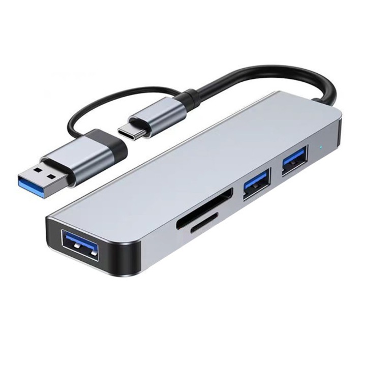 Hub USB Type-C 5-in-1, 3 Porturi USB 3.0, 2 Porturi USB 2.0, Sloturi TF si SD pentru MacBook, Laptop, Chromebook, PC – Adaptor Compact si Portabil