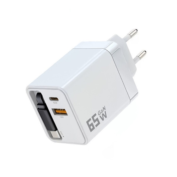 GaN Töltő 65W, 3 Portos (2x USB-A + 1x C-típus), Gyors Töltés Több Eszközhöz 22.5W + 22.5W + 20W, Kompakt és Hordozható Adapter Telefonhoz, Fülhallgatóhoz, Power Bankhoz – Fehér