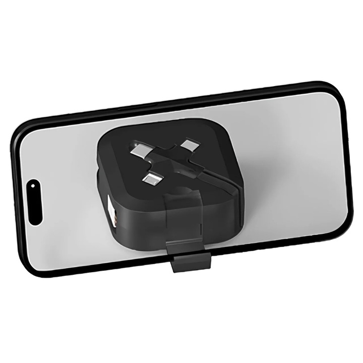 3 az 1-ben Visszahúzható Gyorstöltő Kábel, 65W, Összecsukható Tartóval – Fekete