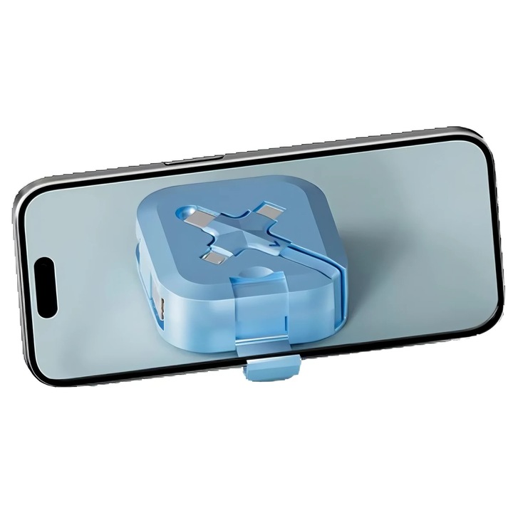 3 az 1-ben visszahúzható gyors töltőkábel, 65W, összecsukható tartóval – kék szín