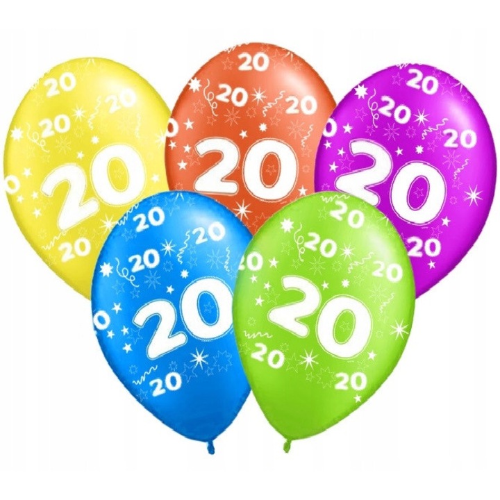 Комплект цветни балони с щампа "20", PartyPro, 5 броя, многоцветни, 40 см