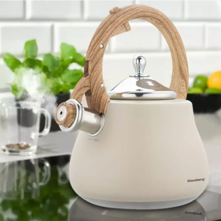 Teáskanna, sípoló vízforraló, rozsdamentes acél, bézs, fa hatású elemekkel, 2,8 l, Klausberg