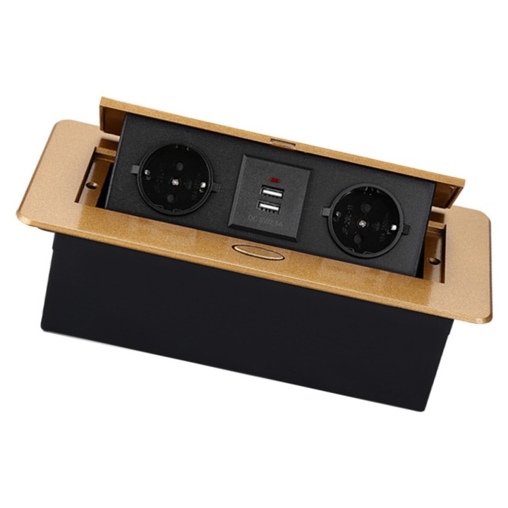 Priza pop-up 4 in 1, 2 prize 16A, incarcator USB dublu 2.1A, finisaj aluminiu, maro, montaj flexibill, Pop-up/Ascunde, Priza multimedia pentru desktop