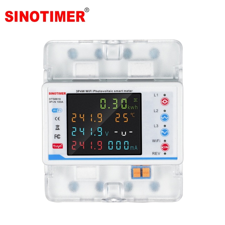 Contor de energie smart WIFI, Sinotimer, bidirectional, trifazic 3P+N, pentru panouri fotovoltaice 100A
