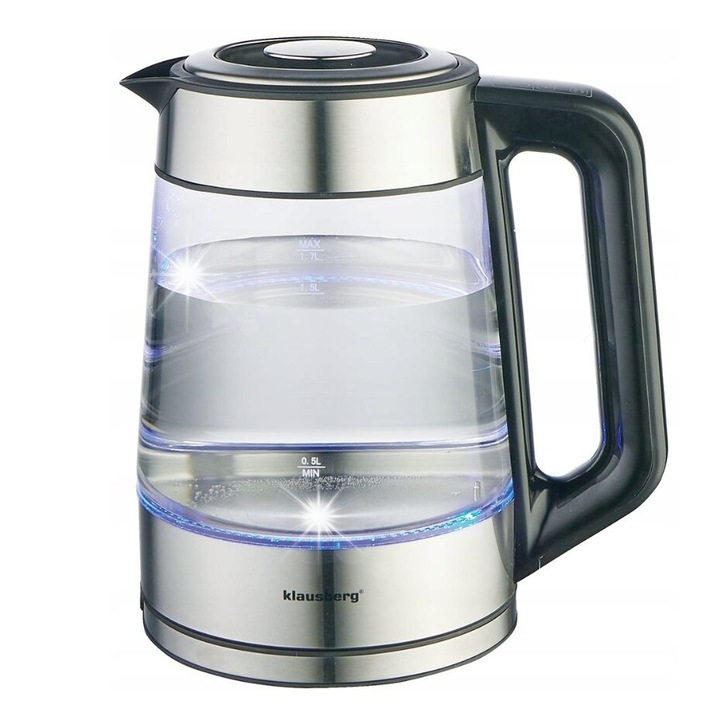 Fierbator electric, fabricat din sticla borosilicata, otel inoxidabil, iluminare din spate cu LED, capacitate 1.7 litri, 1850-2200 W, Klausberg