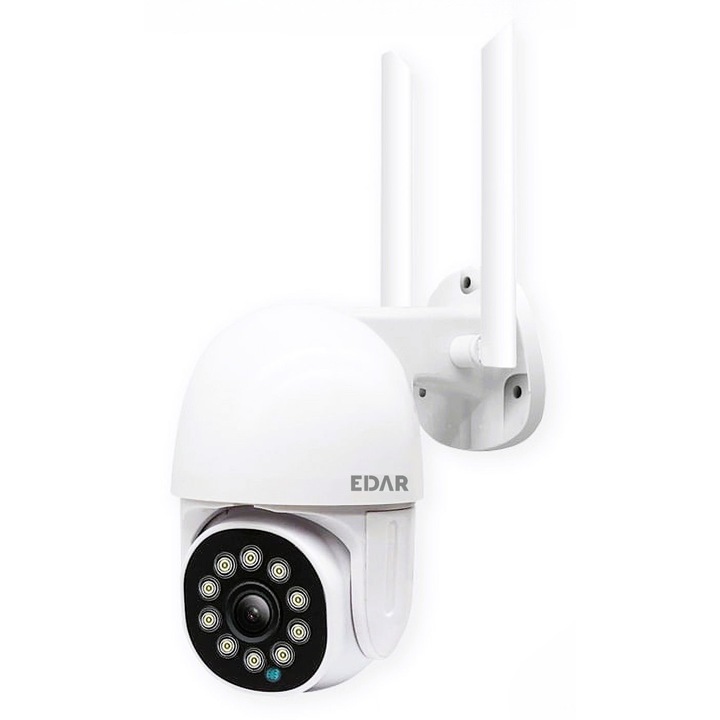 Camera Supraveghere Exterior EDAR WIFI IP66, FullHD, Viziune Nocturna Color cu 10 LED-uri, Detector Miscare, Stocare pe Card sau Cloud, Conectare Telefon/PC, Alimentare 12V, Rezistenta la Apa, Alb