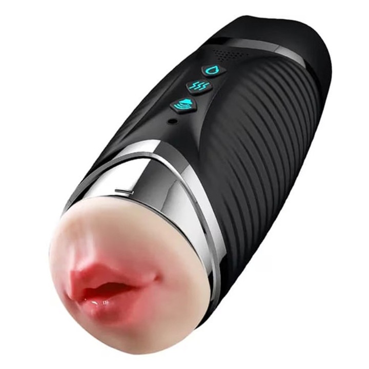 Двоен мастурбатор, с 3D уста и вагина, функция за нагряване до 42 градуса, 10 режима на вибрация, ергономичен дизайн, реалистична текстура, черен