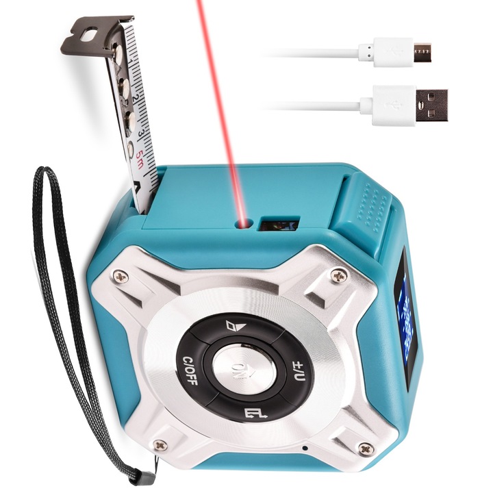 Ruleta Profesionala Masurare Laser 3 in 1, 5m, 40m, Ecran LCD 2 inch, Multifunctional si stocare de date, Puncte de referinta fata si spate si functie de autoblocare, Albastru, 13x10x5cm
