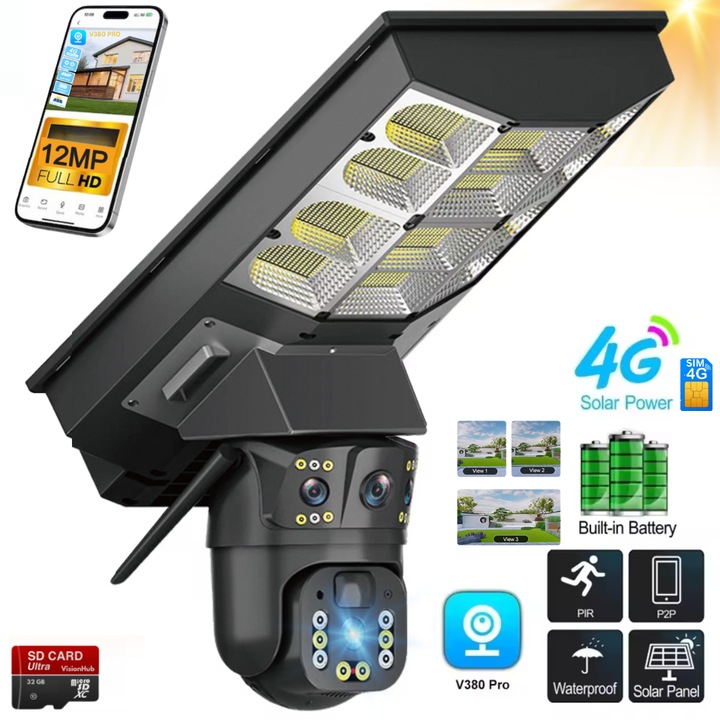 4G Камера за наблюдение с 5 в 1 Соларна улична лампа, VisionHub, с 4 лещи, 360° Изглед, Сензор за движение, IR+Цветно нощно виждане, Двупосочно аудио, IP67, Соларен панел, Мониторинг в реално време, Управление чрез приложение