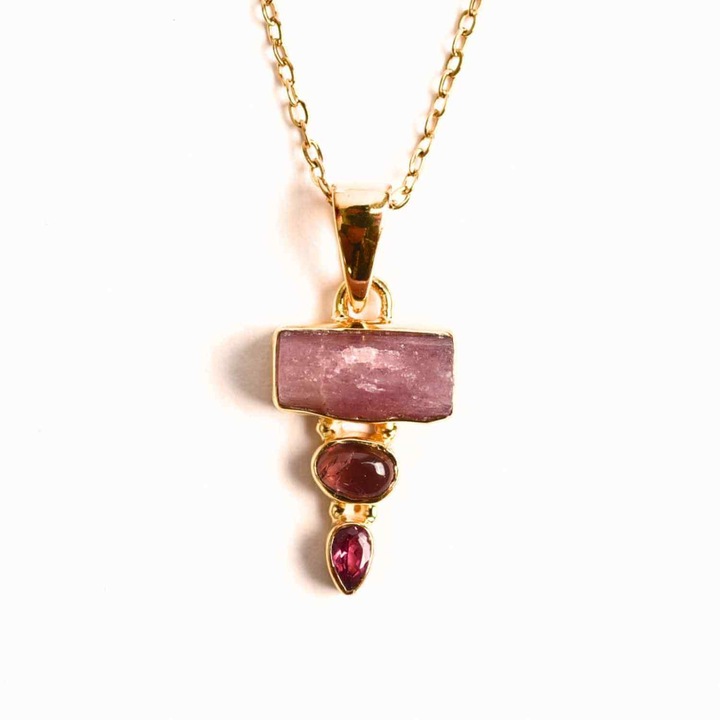 Iubire si Armonie Interioara - Colier inox si pandantiv argint 925 placat cu aur de18k si Triplu Turmalina Roz