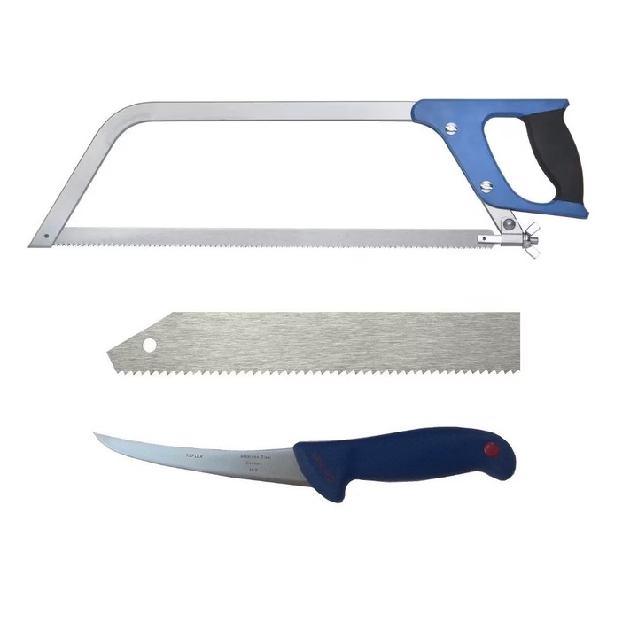 Set Fierastrau profesional macelarie pentru taiat oase + 1 panza rezerva + Cutit Dezosat lama curbata