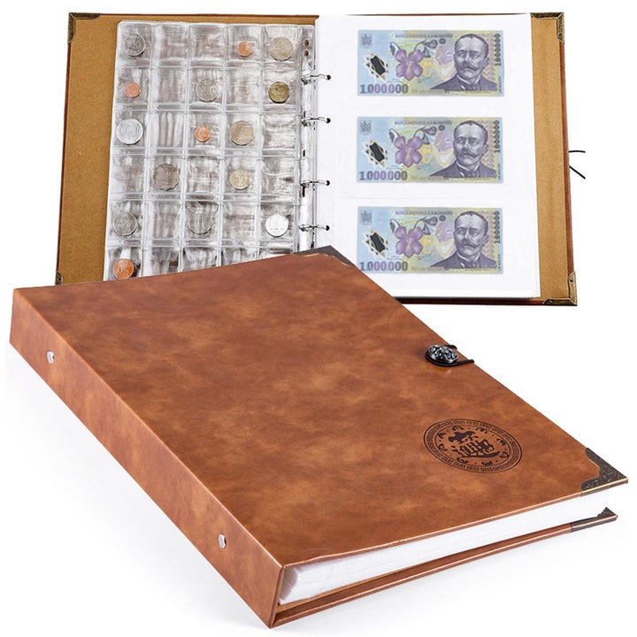 Колекционерски албум за монети/банкноти, 300 джоба за монети, 300 джоба за банкноти, прозрачен PVC, водоустойчив и влагоустойчив, подвижна щипка за закрепване, висококачествена PU кожа, 30x24x4cm, многофункционална колекция, кафяв