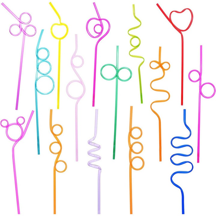 75 de paie amuzante - 15 modele diferite, paie colorate, reutilizabile din plastic pentru copii - rasuciri amuzante pentru petreceri si carnavaluri