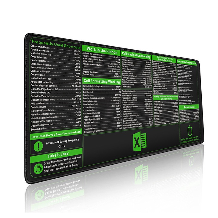 Mouse Pad Mare cu Scurtaturi si Formule Excel, VANTHEIR, 800x300mm, Anti-alunecare, Pentru Gaming, Birou, Office, Antiderapant, Cusaturi Anti-Rupere, Negru