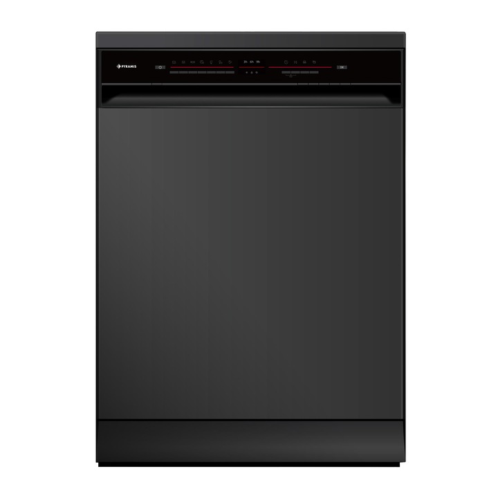 Masina de spalat vase Pyramis DWL 60FS Black, 14 Seturi, 7 programe, Clasa D, Power wash, Half load, Aquastop, Auto open, Child lock, 60 cm