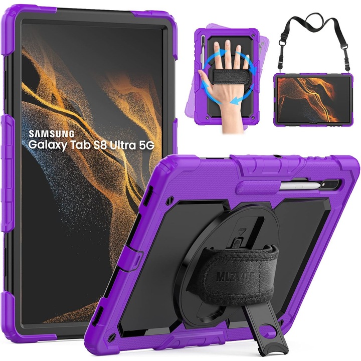 Pachet 360° Sigloo pentru pentru Samsung Galaxy Tab S8 Ultra, 14.6", Husa Shockproof Armor cu Folie integrata si Curea de umar, Mov