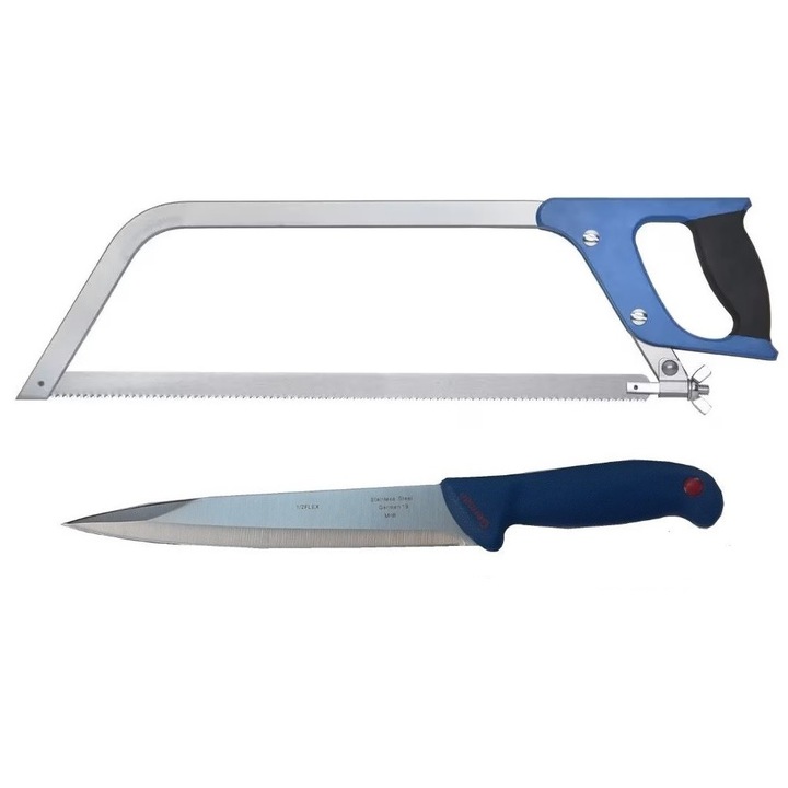 Set Fierastrau profesional macelarie pentru taiat oase + Cutit Sacrificat, lama Dublu Tais, Otel inoxidabil