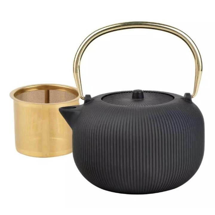 Ceainic din fonta cu strecuratoare, interior emailat, 1l, negru cu maner auriu, Kinghoff