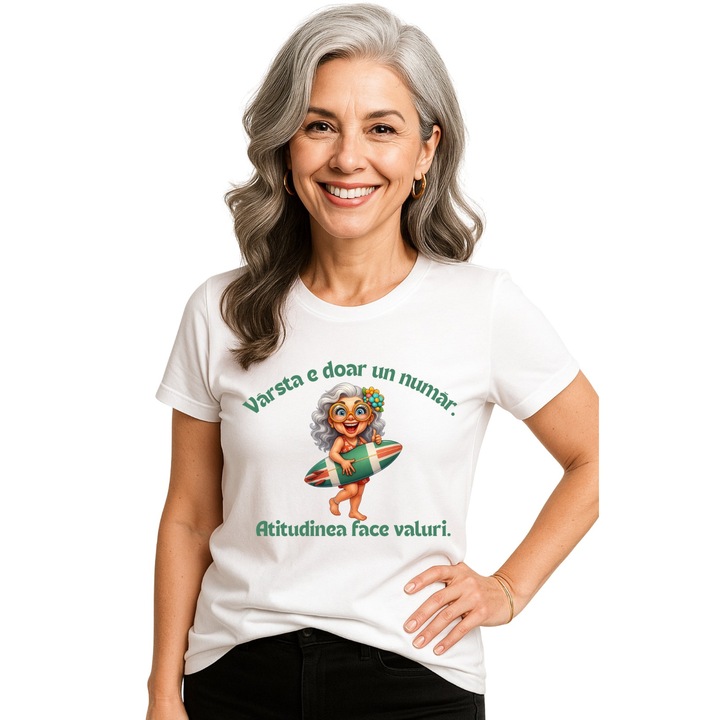 Tricou alb personalizat bumbac 100% – Varsta e doar un numar, atitudinea face valuri – mesaj motivational, M