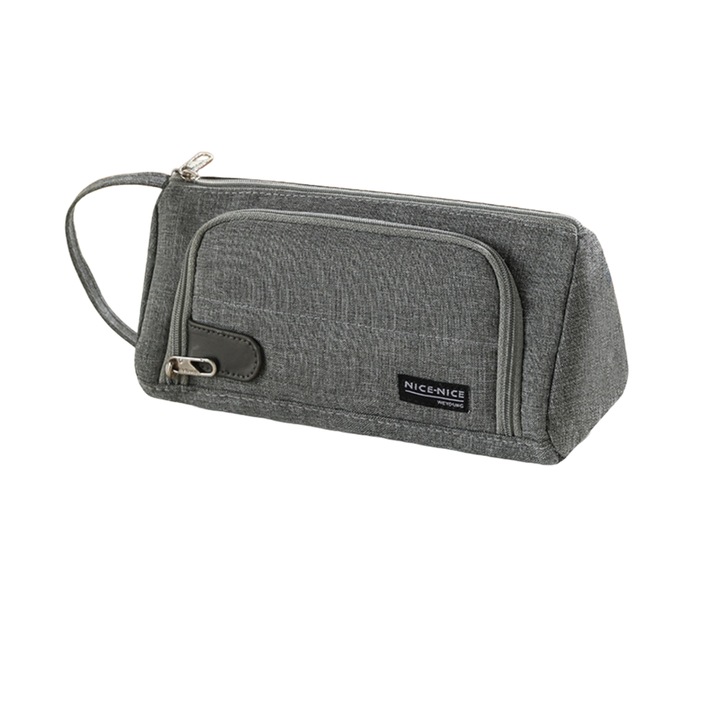 Ученически несесер с дръжка чантичка, 2 ципа, Побира 50 броя канцеларски материали, текстил оборудван 21x8.5x10.5 см, enkourakoko®, Сив