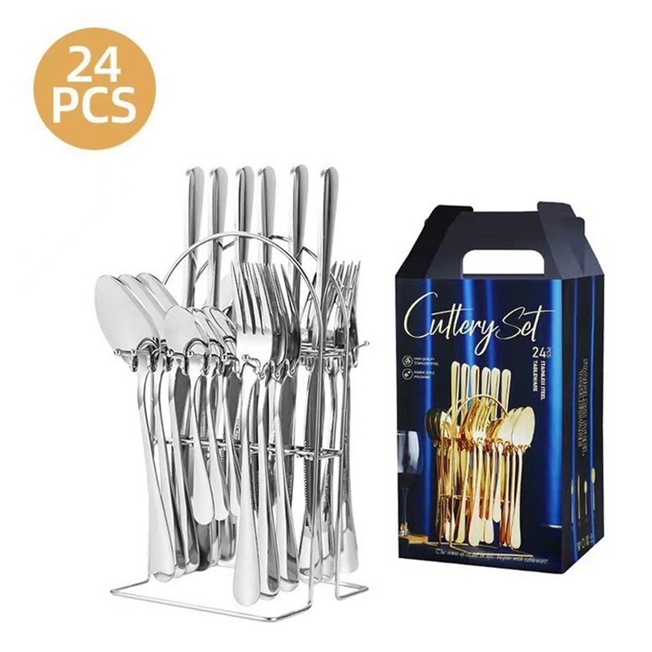 Комплект от 24 прибора за хранене VANTHEIR, от неръждаема стомана, за 6 души, включително нож, вилица, лъжица, устойчив на съдомиялна машина, сребрист