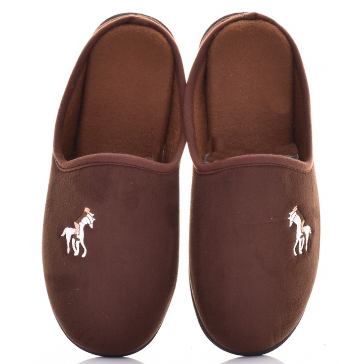 Papuci de casa barbatesti Martinus, clasici, piele intoarsa, maro