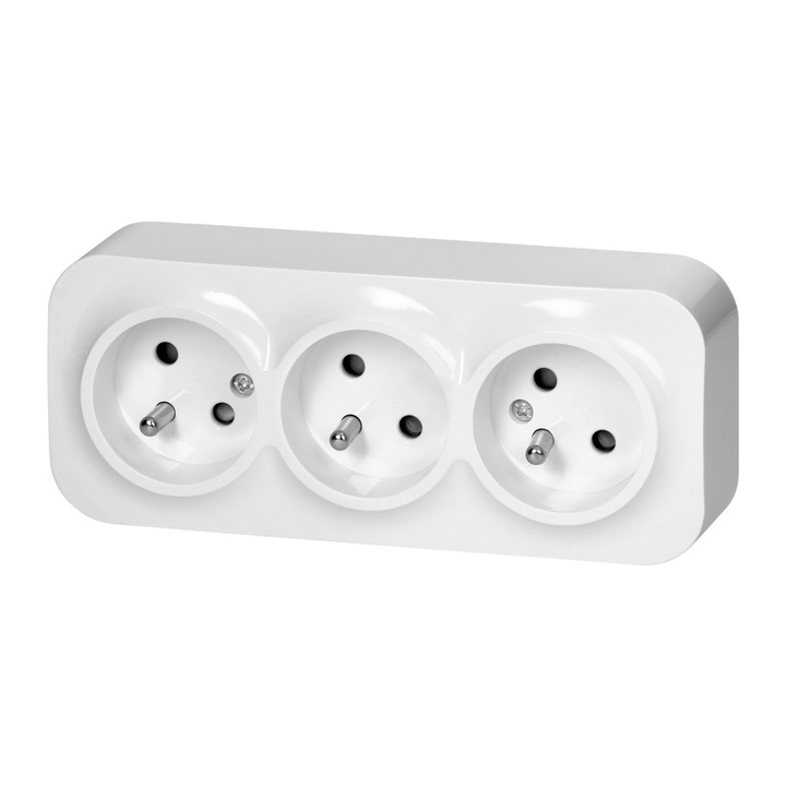 Троен електрически контакт ToDo, бял, за открит монтаж, 230V, 16A, със защита за деца