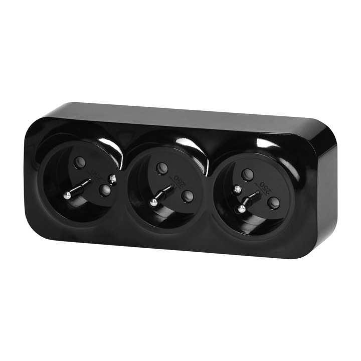 Троен електрически контакт ToDo, 3 гнезда, със защита, за повърхностен монтаж, черен, 230V, 16A