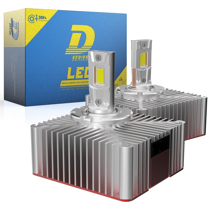 Set de 2, Bec D5S LED, Premium Becuri D5S 35W Auto 12V, Plug and Play HID to LED,20000LM,6500K Lumina Alba Puternica, Canbus Fara Eroare, Faruri 1:1, Radiator Aluminiu cu Ventilator, Durata Lunga 50000 Ore
