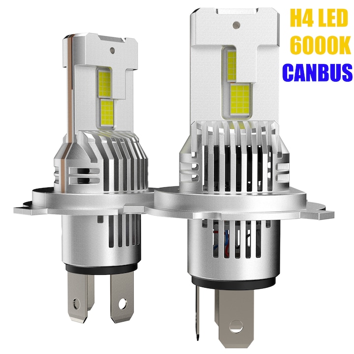 Set de 2, Bec H4 LED, Premium Becuri LED P43T 9003, Canbus Fara Eroare, Fascicul dublu Faruri De Drum,12V Auto Headlights,6000K alb,20000LM, Plug and Play, Dimensiune compacta, Aluminiu, Durabil 50000 Ore