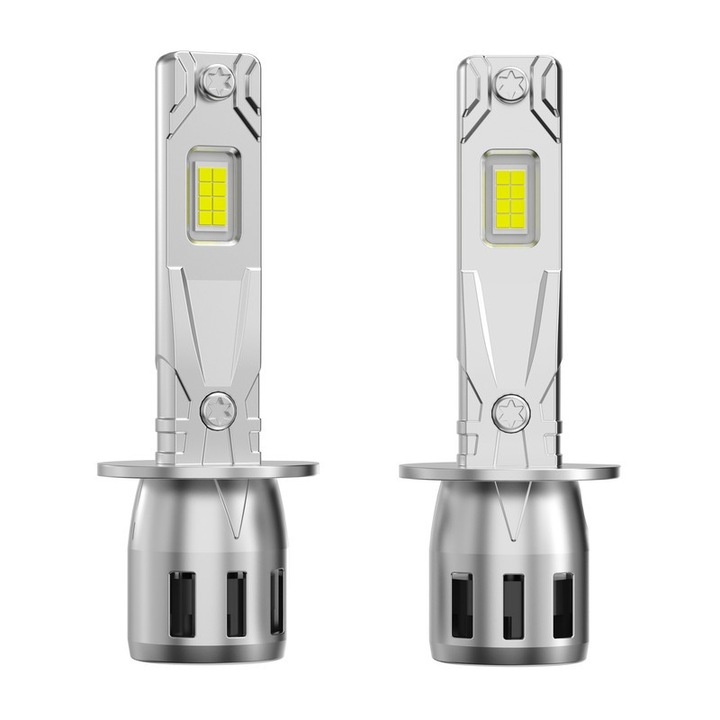Set de 2, Bec H1 LED, Becuri Auto 12V, 6000K Alb Rece,20000LM Lumina Alba Puternica, Canbus Fara Eroare, Dimensiune Mini 1:1, Plug and Play, Carcasa din Aluminiu si Ventilator Silentios Pentru Racire