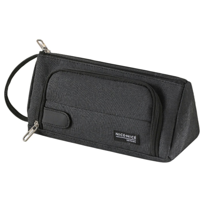 Ученически несесер с дръжка, 2 ципа, Може да съдържа 50 броя канцеларски материали, текстил, оборудван, 21x8.5x10.5 см, enkourakoko®, Черен