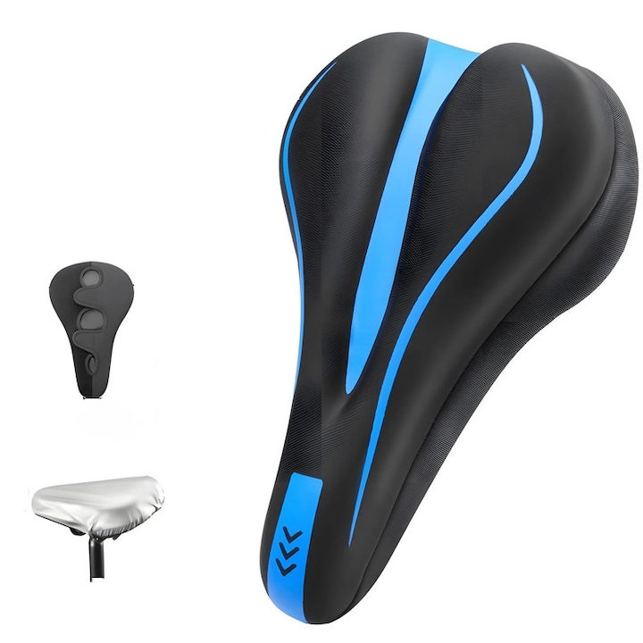 Kerékpárnyereg huzat, Xiusaqio®, Esővédővel, Szilikagéllel és memóriahabbal, Tépőzáras rögzítés, Eső- és porvédelem, Csúszásgátló, Ütésálló, Vastagított, 28x18 cm, Kék