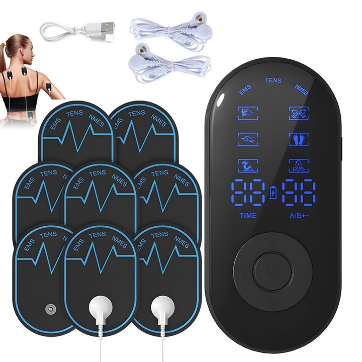 TENS fájdalomcsillapító stimulátor, Xiusaqio, 18 mód, 30 intenzitás, újratölthető, digitális kijelző, fekete