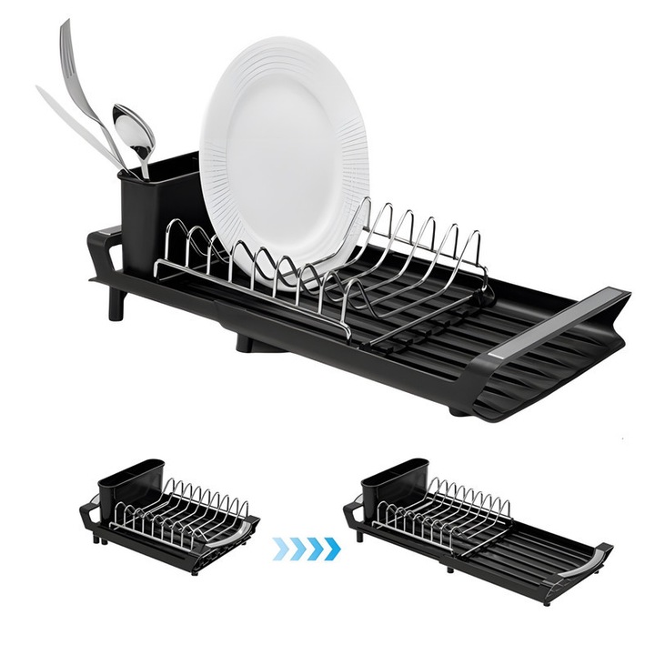 Scurgator Vase Extensibil cu Suport, Xiusaqio®, Cu Tavita de Scurgere, Suport pentru vase, suport pentru tacamuri si pahare, 29.5x20cm - 49.5x20cm, Negru